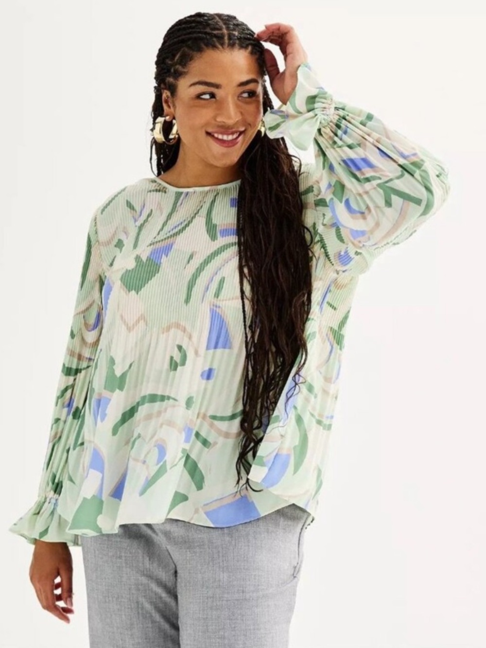 Nine West Green, Blue & Cream Pleated Long-Sleeve Blouse